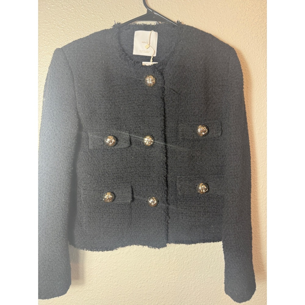 Nwt Mango WINTOUR Tweed Jacket Black Cropped Frayed Raw Edge Button Front Size M - Picture 4 of 9